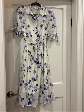 Calvin Klein White Midi Shirt Dress with Blue Floral Print